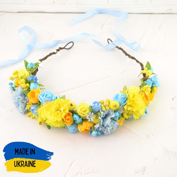 Ukrainian flower headband Floral hair piece Ukrainian style Flower Hair Crown Flower headpiece Flower head crown Yellow Blue hairpiece women