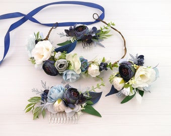 Blue flower crown Dusty Blue Wedding floral crown Bridal flower headpiece Flower wreath bridal Rustic Headpiece Floral Halo Boho hair crown