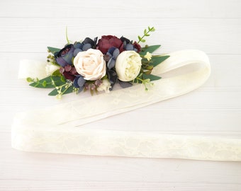 Burgundy flower belt Floral belt for dress Navy wedding belt Bridal flower belt Maternity flower sash Wedding flower belt Wedding sash belt