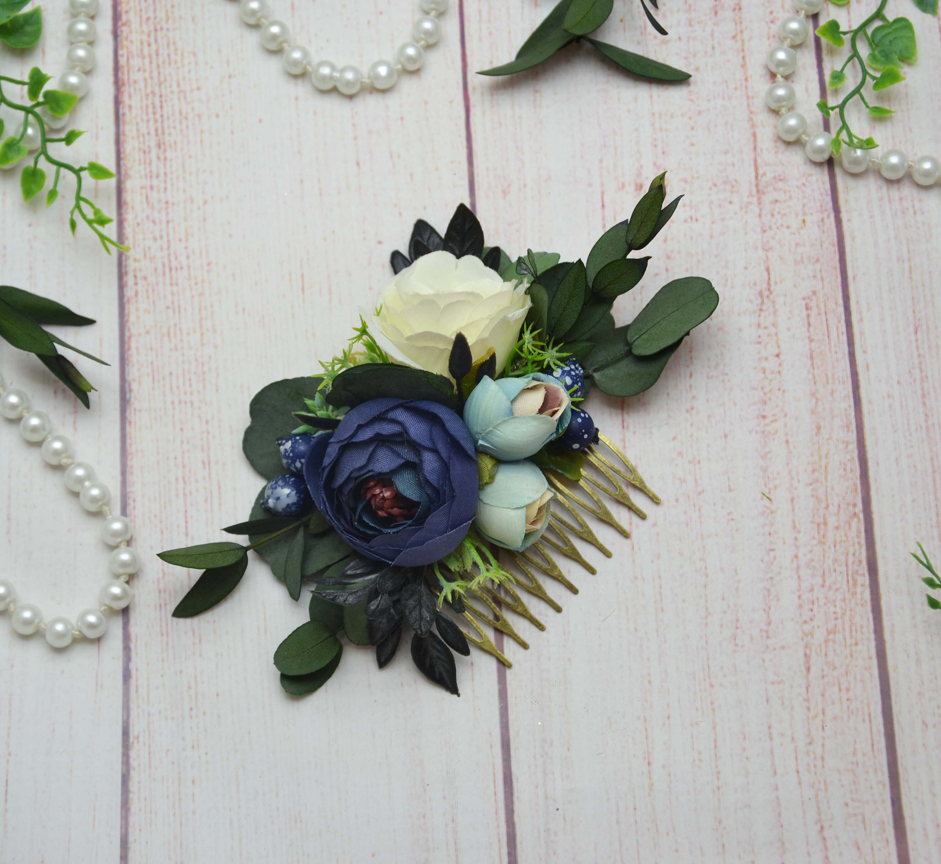 Bridal Hair Accessories Flower Comb Blue Navy Wedding Comb Etsy