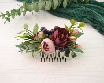 Flowers for hair Pink Bugundy wedding hair floral comb Bridal hair flower bridal hair accessories floral