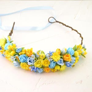 Ukrainian flower headband Floral hair piece Ukrainian style Flower Hair Crown Flower headpiece Flower head crown Yellow Blue hairpiece women