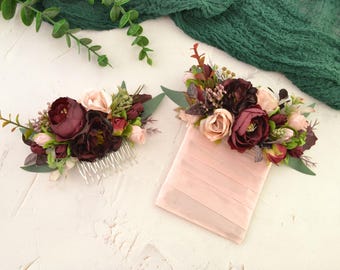 Square boutonniere burgundy Flower corsage women Blush Burgandy flower buttohole Rustic wedding flower headpiece marsala hair comb bridal