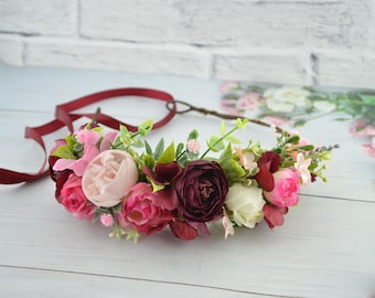 Flower crown burgundy Flower hair piece for women Pink Flower headpiece boho wedding flowers for hair Rustic flower hairpiece adult