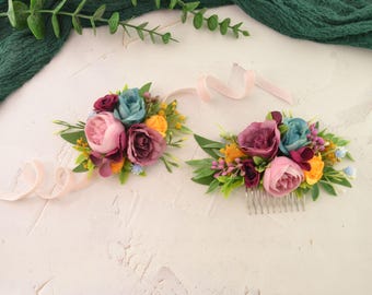 Orange Flower Hair Comb Teal Mauve Blue Floral Bridal Headpiece Bride Hair Piee with Flowers Boho Hair Comb for Women Flower Girls