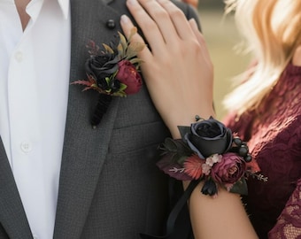 Burgundy Black corsage Prom wrist corsage Dark prom accessories for girls Flower corsage with maroon peony Black Rose Lapel Pin Boutonniere
