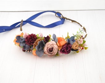 Flower crown - flower headpiece orange - flower hair piece wedding - floral crown flower girls - burgundy orange blue plum