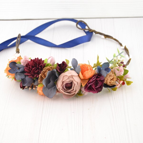 Flower crown - flower headpiece orange - flower hair piece wedding - floral crown flower girls - burgundy orange blue plum