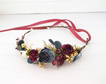 Flower crown for women, burgundy navy wedding headpiece, bridal hair piece floral