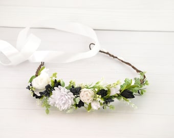 Flower crown white black flower headband for girls flower hair piece wedding flower crown white floral headband adult flower hair wreath
