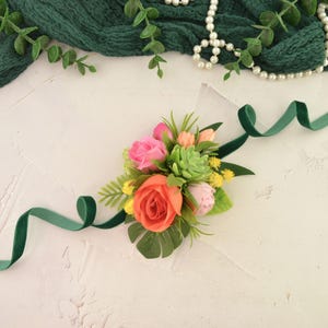 Flower corsage succulent orange pink Beach Wedding corsage for bridesmaids Floral corsage monstera Corsage and boutonniere Groom Groomsmen