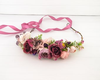 Flower headband women - flower crown wedding - floral hair piece bridal - mauve purple