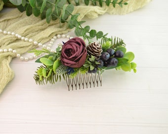 Flower hair piece burgundy flower comb wedding floral hair piece bridal floral headpiece boho hair comb rustic hairpiece marsala rose maroon