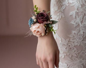 Flower hand corsage burgundy blush blue Wrisct corsage bridesmaid Wedding accessories Burgundy Rose Pink Blush Peony