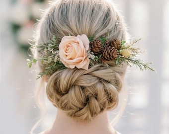 Wedding hair comb winter wedding headpiece flower comb bridal peach rose Bridesmaid head piece Boho Wedding hair piece