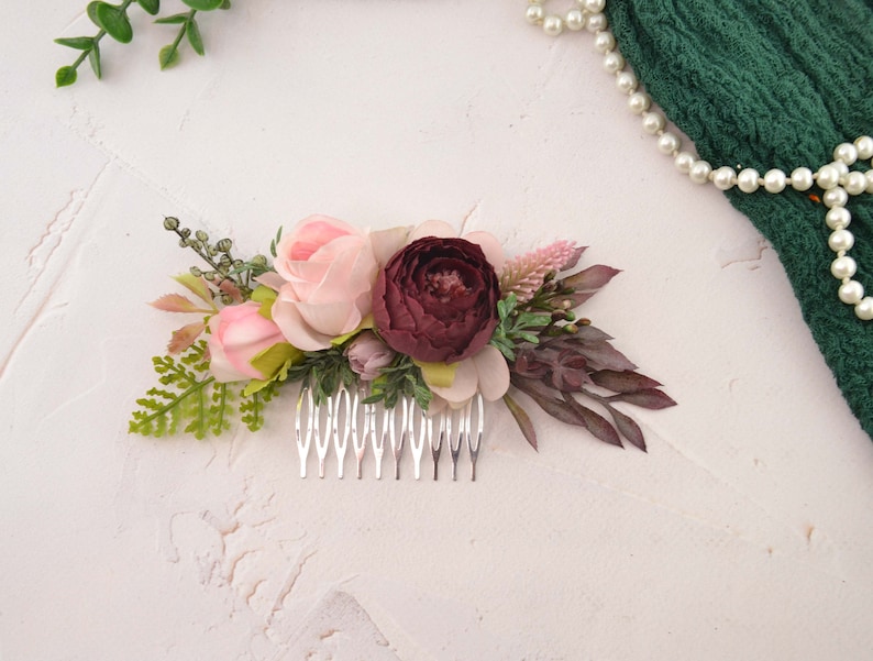 Flower comb wedding flower headpiece bridal flower hair comb women blush pink burgundy image 7