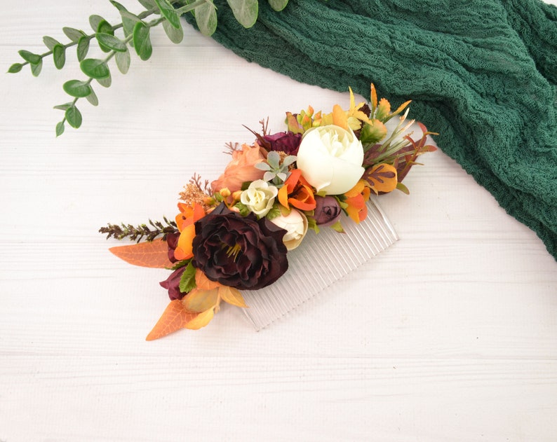 wedding comb burgundy orange flower hair comb floral comb bridal hair accessories floral hairpiece flower headpiece boho hair clip for bride image 7