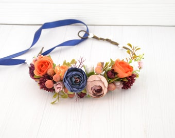 Flower hair piece - fall wedding headpiece bridal - flower crown burgundy orange beige blue