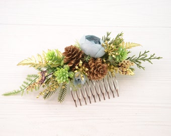 Winter hair piece Dusty blue flower comb Winter wedding hair accessories for girls Floral hair comb for wedding Succulent headpiece bridal