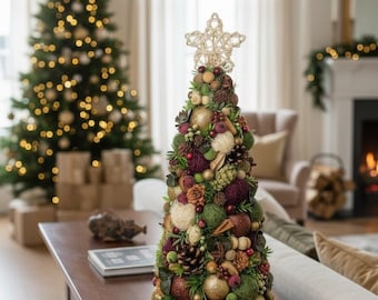 Christmas Tree Home Decor Holidays Decorations House Small Xmas Tree Table House Decor Winter Decor Holiday Tree Gold Green Cones Rustic