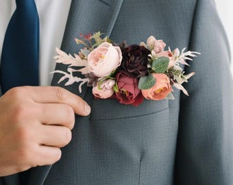 Pocket boutonniere burgundy pink pocket boutonniere for groom boho wedding groomsman boutonniere groom flowers burgandy blush