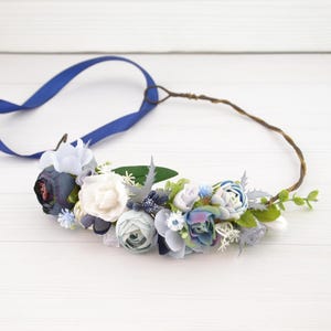 Flower hair crown navy dusty blue Floral hair piece for bride Flower headpiece wedding Flower halo for bride Boho hair wreath bridal