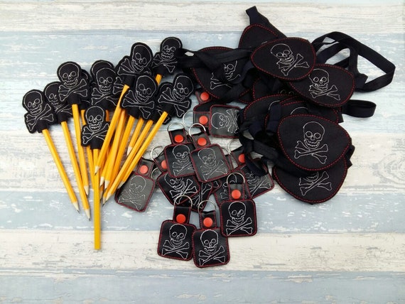 Pirate Skull Cross Bones Party Favours - Pencil Topper - Felt Eye Patch - Key Ring Snap Tab - Pirate Birthday Party Bag Supply Gifts Kit Il_570xn