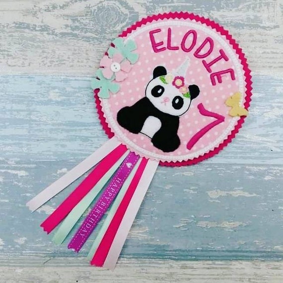 Panda Birthday Badge - Personalised Gift Idea - Panda Bear Rosette with Ribbons - Celebration Party Gifts - Animal Badge Il_570xn