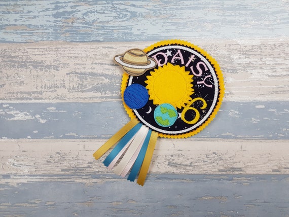 Personalised Birthday Badge with a Space and Planet Theme - Gift Idea for Space Party - Galaxy Decor with Ribbons - Rosette Pin Badge Il_570xn