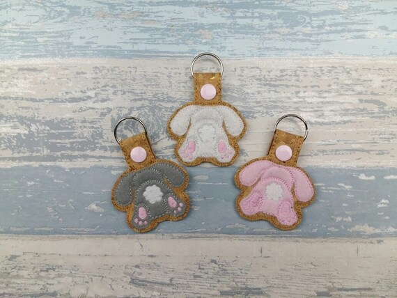 Bunny Key Ring - Pink Bunny Key Chain - Grey Felt Bunny Fob - White Glitter Bunny Butt - Rabbit Lover Gift - Cork backed with Felt Il_570xn