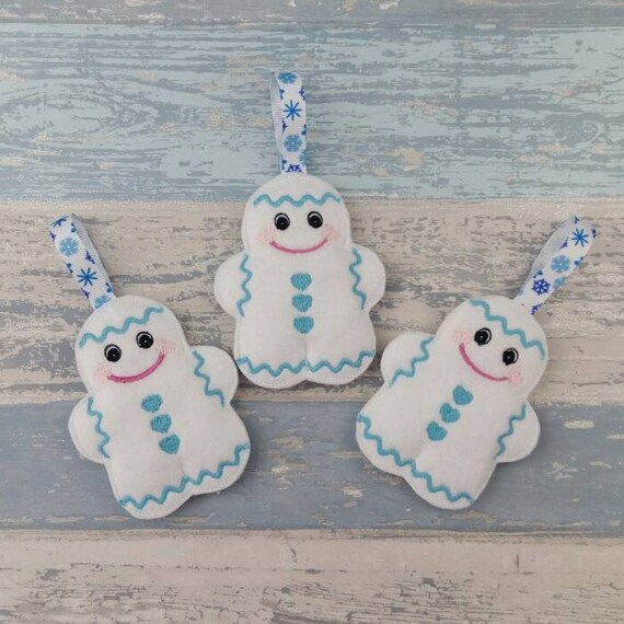 Gingerbread Men in White Glitter Felt with Blue Detail - Christmas Tree Decoration - Bunting - Hanging Xmas Decor - Set of 3 Il_570xn