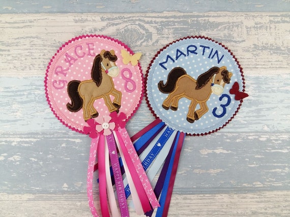 Horse Personalized Celebration Birthday Button Badge Rosette with Embroidery Applique - Horse Party Gift - Birthday Gift - Felt Flowers Il_570xn