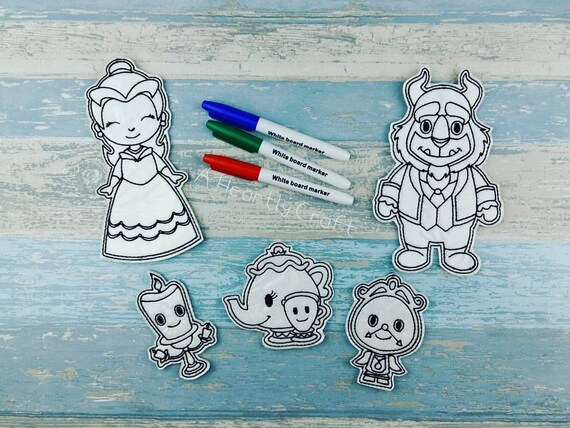 Princess Page Dry Erase Coloring Dolls - Beauty and the Beast - Doddle-it Dolls - Party Favors - Travel Toy Reusable Princess Coloring Dolls Il_570xn