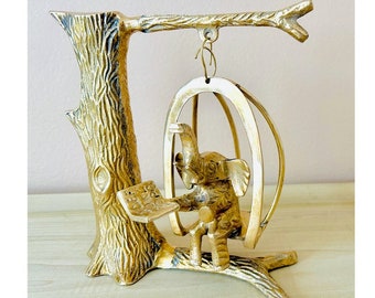 Vintage brass elephant on swing // mid-century gold elephant with book and tree figurine// brass animal decor