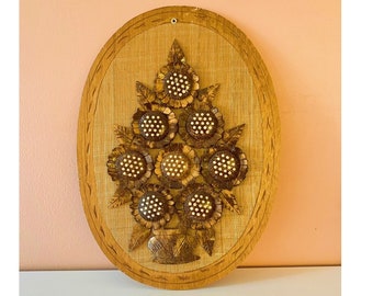 Mid-century natural wood boho carved floral wall hanging // wooden flower art oval wall art