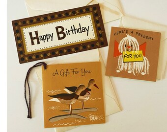 Vintage 1960s mini birthday gift enclosure cards // Set of 3 retro mid-century mini brown cards and envelopes