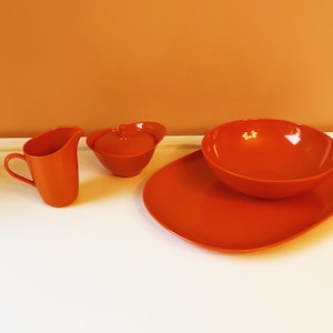 Vintage set of orange Texas Ware melmac plastic dishes // 3-piece orange mid-century Texasware melamine dish set