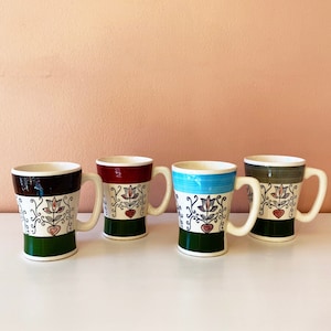 Vintage 60s mod folk floral striped mugs - 4 mid-century ceramic boho mugs - made in Japan