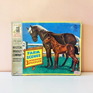 1950s Milton Bradley kids&#39; farm animal puzzle set // mid-century cardboard educational puzzle game