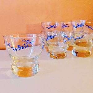 Set of 4 MCM cocktail glasses with &quot;Lo-Ball&quot; graphic // Vintage mid-century modern 1950s whiskey lowball glasses