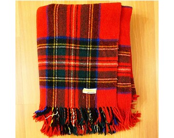 Vintage plaid wool blanket with fringe // mid-century Kinloch Anderson red, blue, black, green, and yellow tartan throw