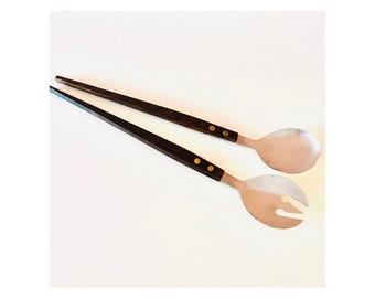 Vintage Danish modern salad servers // New dark wood handled stainless steel mid-century MCM vintage serving utensil set