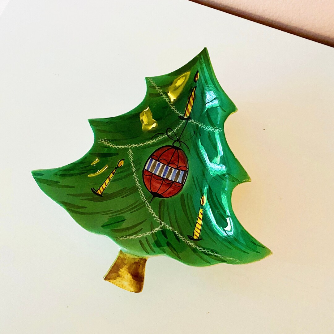 Vintage Ceramic Christmas Tree Plate // Midcentury Painted Christmas