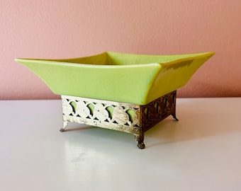 Mid-century ceramic planter with brass stand // lime green ceramic and gold metal plant pot // California pottery