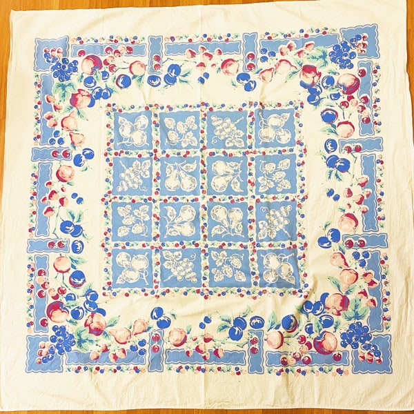 Mid-century fruit print cotton tablecloth // blue, pink, and white white vintage 1950s kitchen table linen