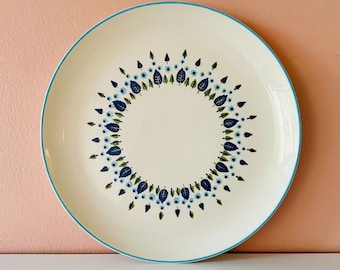 Mid-century Stetson Marcrest Swiss Alpine platter // Vintage 1950s blue & green leaf pattern stoneware serving plate