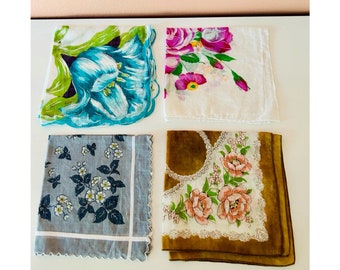 Four vintage 1950s cotton floral handkerchiefs // lot of mid-century shabby chic flower print linen hankies