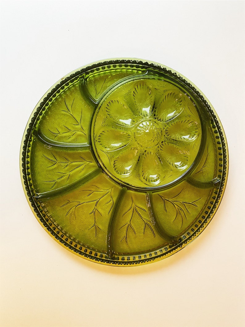 Vintage Green Glass Deviled Egg Plate and Relish Tray // 1970s Etsy