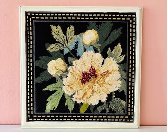 Vintage needlepoint floral embroidery wall hanging // framed embroidered crewel cross stitch bouquet flower art