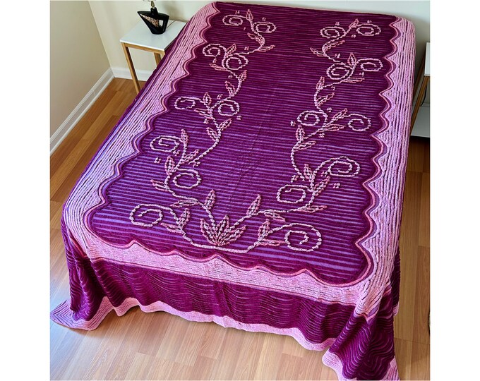 Vintage Tufted Chenille Floral Bedspread // 1950s Purple and Pink Floor